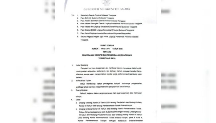 Pemprov Sultra Terbitkan Edaran Pencegahan Korupsi dan Gratifikasi Jelang Hari Raya